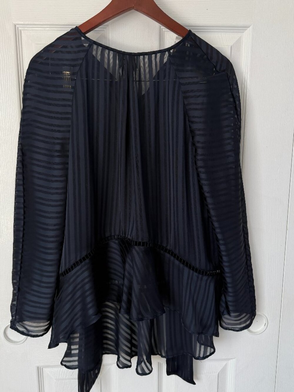 Zimmerman Dark Navy Blue Sheer Striped Peplum Blouse with Bow Small - Picture 4 of 11